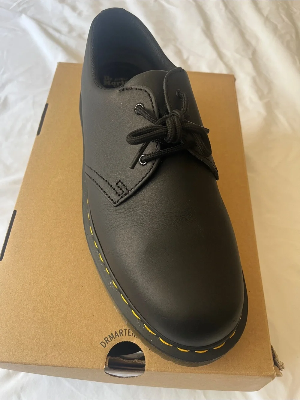 Dr. Martens Black Leather 3-Eye Oxford with Yellow Stitching